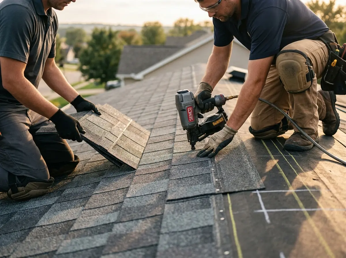 Professional roofer working on a residential roof in Linton